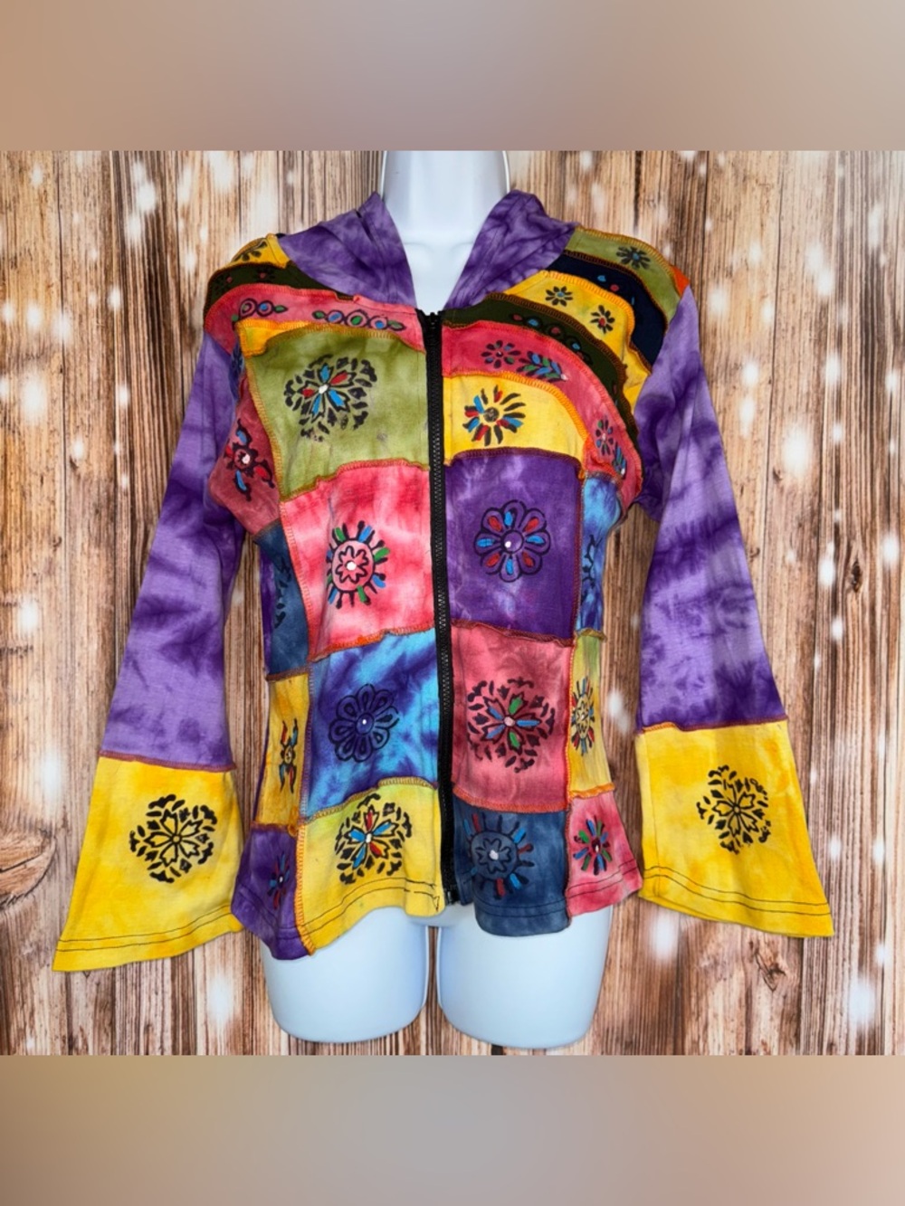 Tie-Dye Multi-color Patchwork Zip Up Hooded Bell Sleeve Jacket